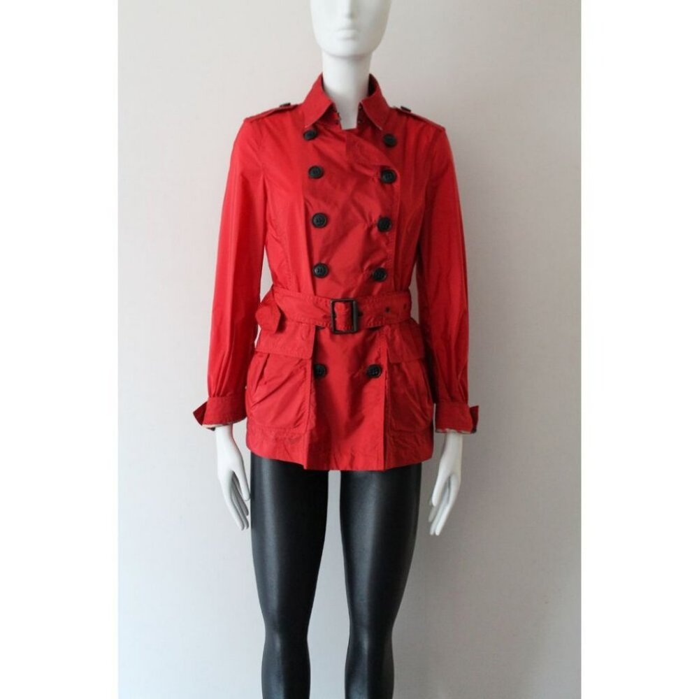 Burberry Brit Military Red Nylon Belted Double Breasted Trench Jacket Size 6